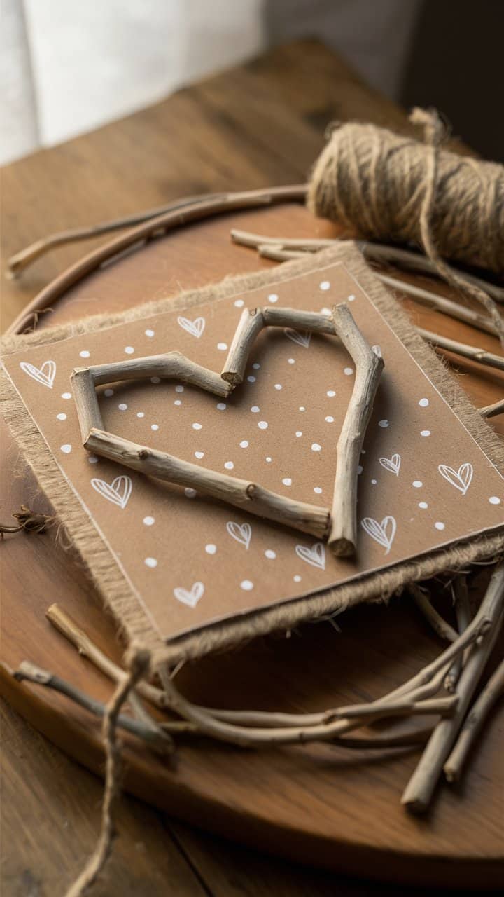 Carte cœur décorée avec branches et ficelle.