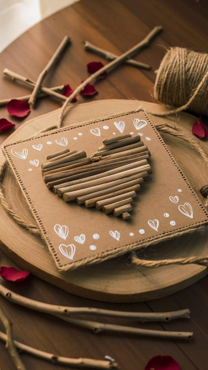 Carte en coeur avec bâtons de bois, pétales rouges.