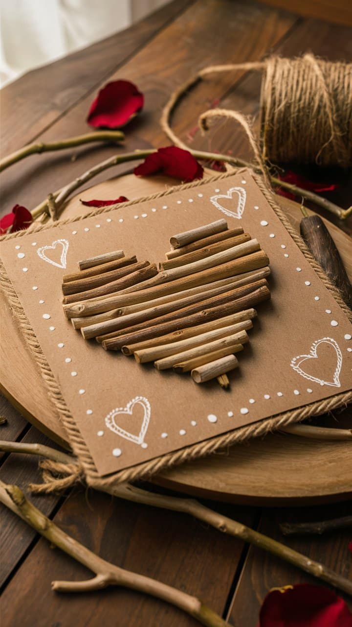 Carte en bois en forme de cœur avec ornements.