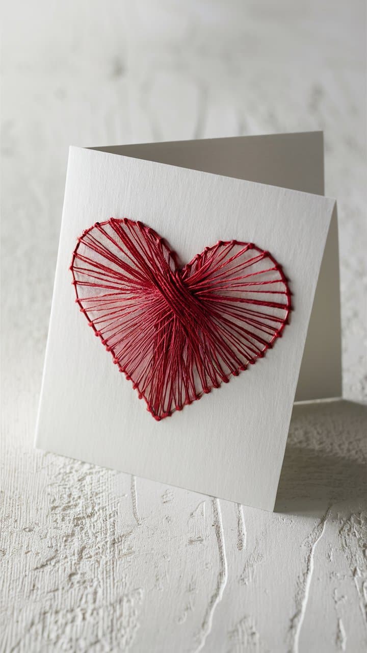 Carte avec cœur brodé en fil rouge.