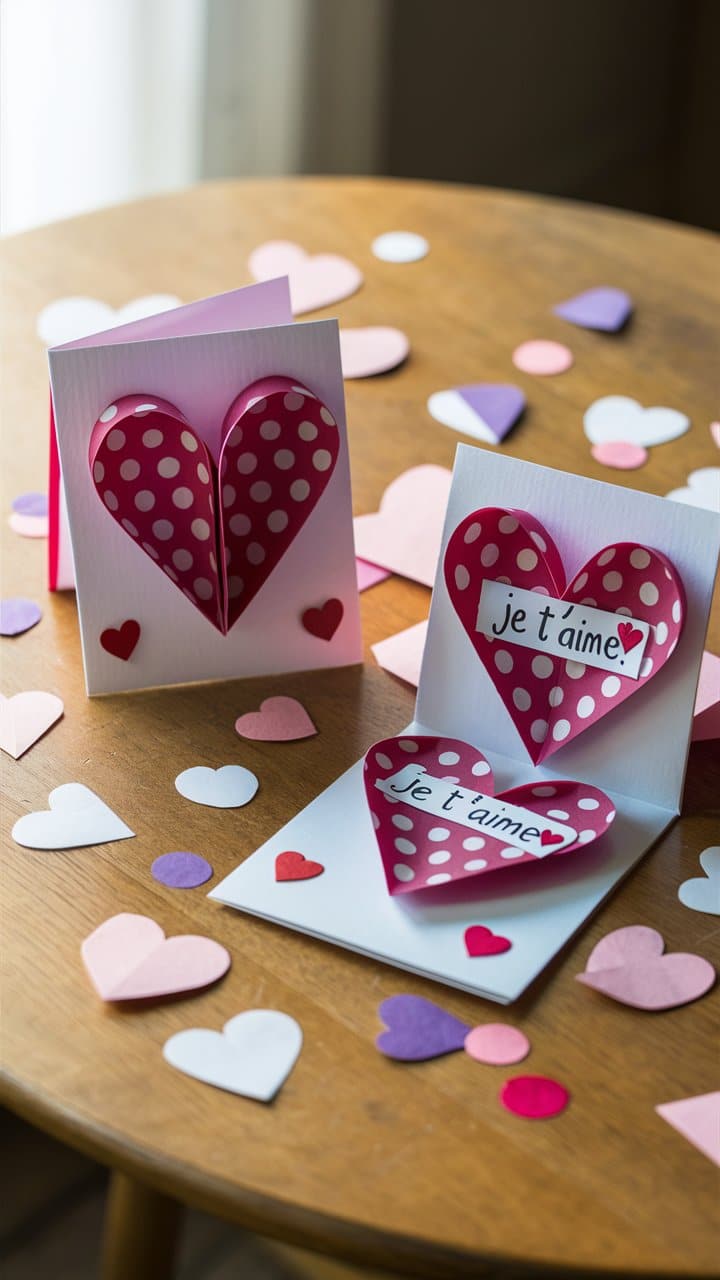 Cartes avec cœurs et message 'je t'aime'.