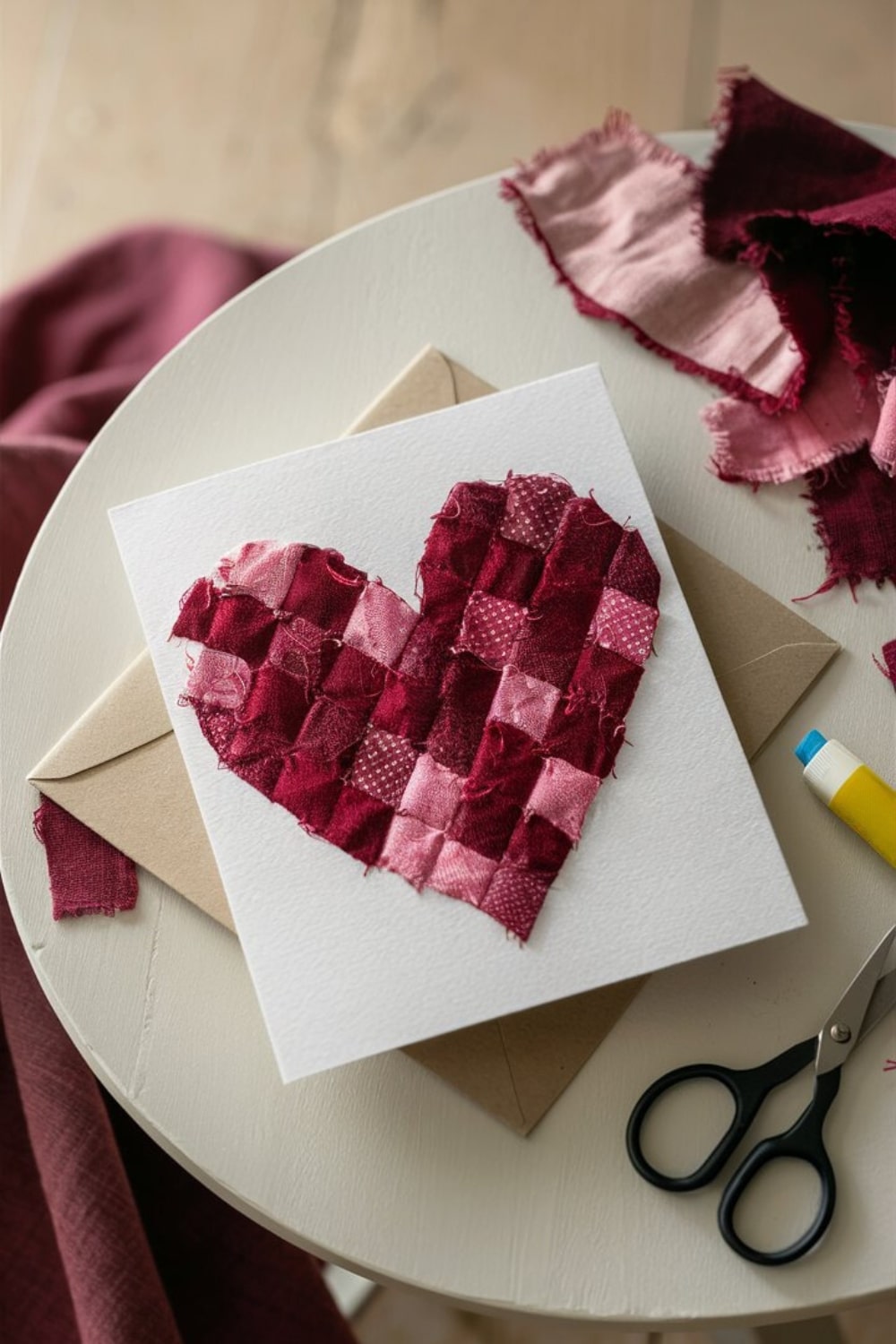 Carte cœur en tissu sur table.