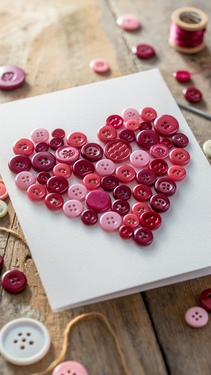Carte avec cœur en boutons rouges et roses.