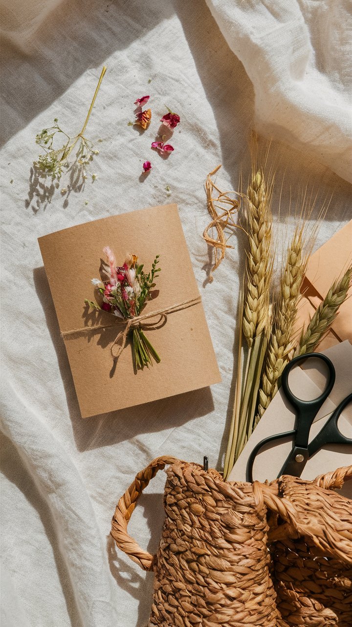 Carte kraft décorée de fleurs séchées.