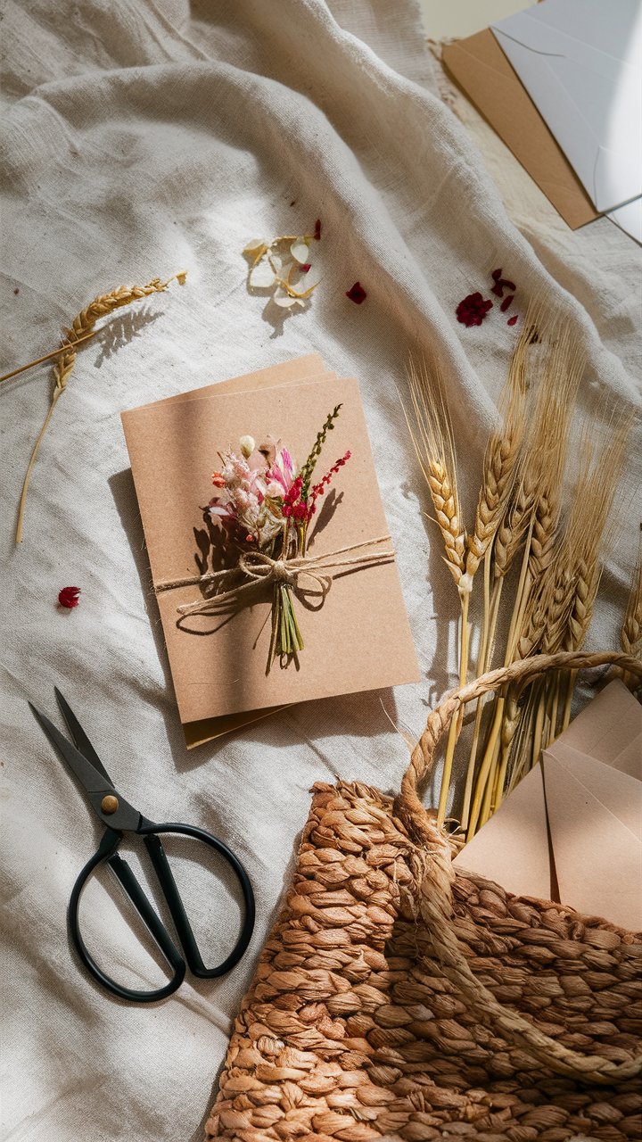 Carte décorée avec fleurs séchées sur nappe beige.