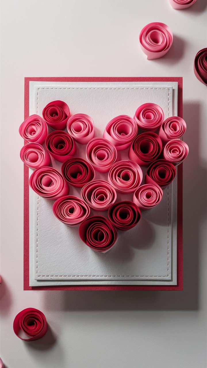 Carte en forme de cœur avec roses en papier.
