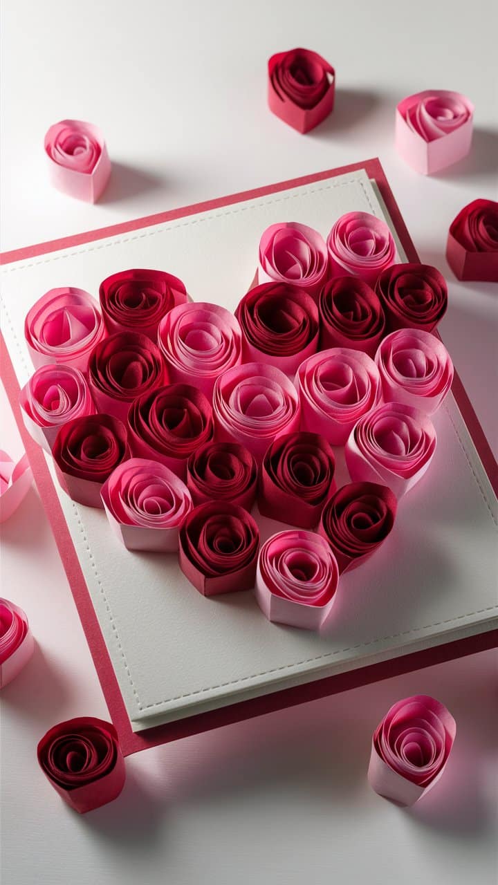 Carte avec cœur en roses de papier.