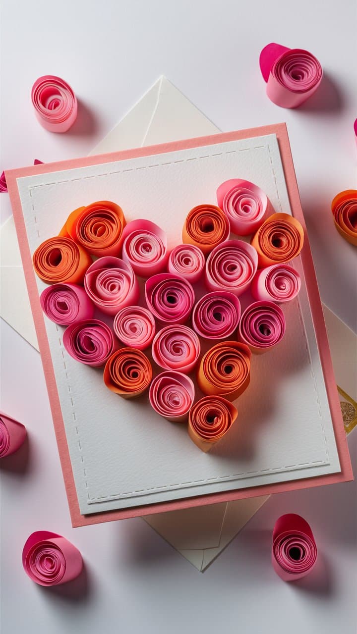 Carte avec cœur en rouleaux de papier coloré.