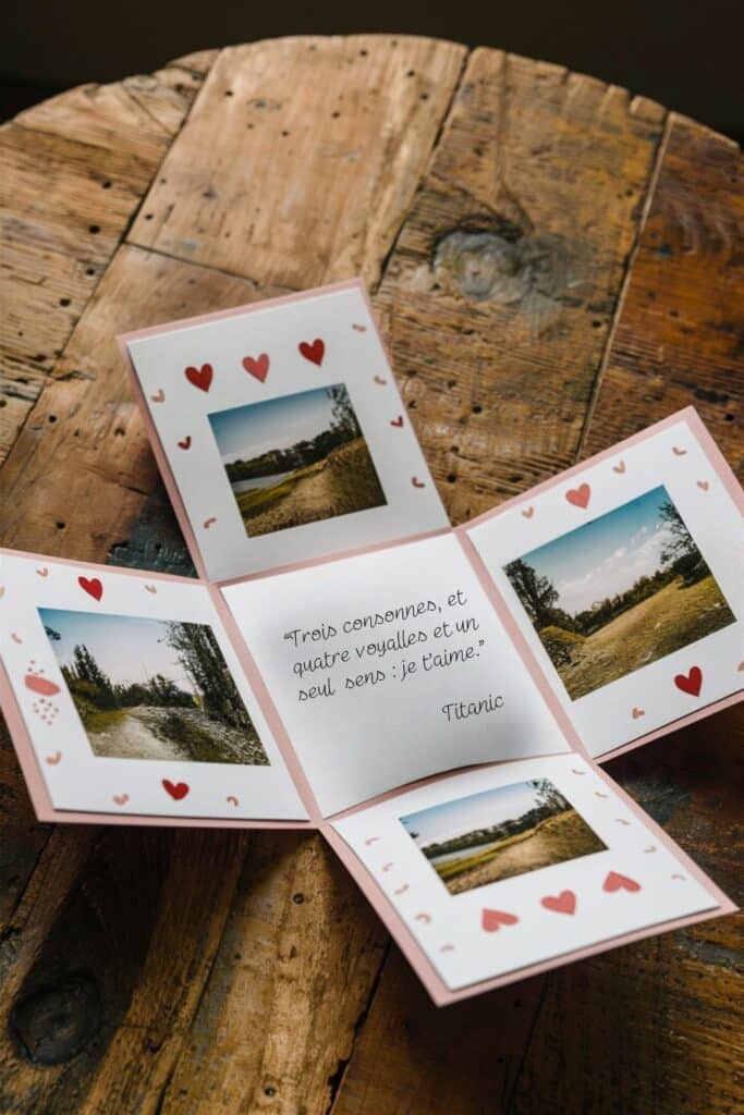 Carte dépliante avec photos et citation romantique.