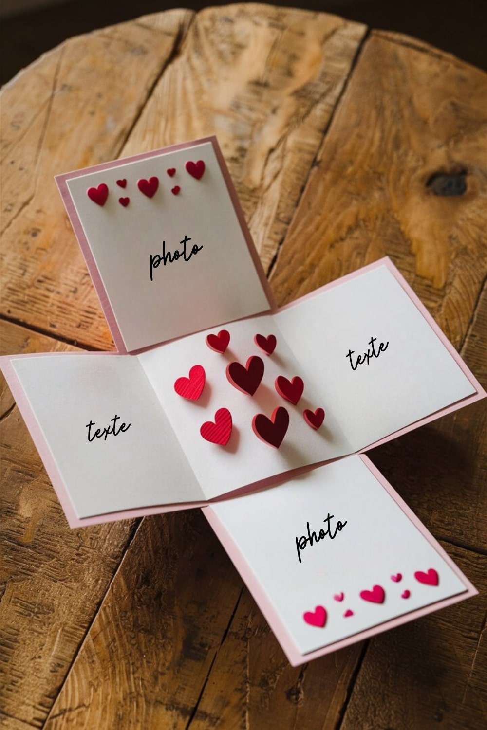 Carte popup avec cœurs rouges.