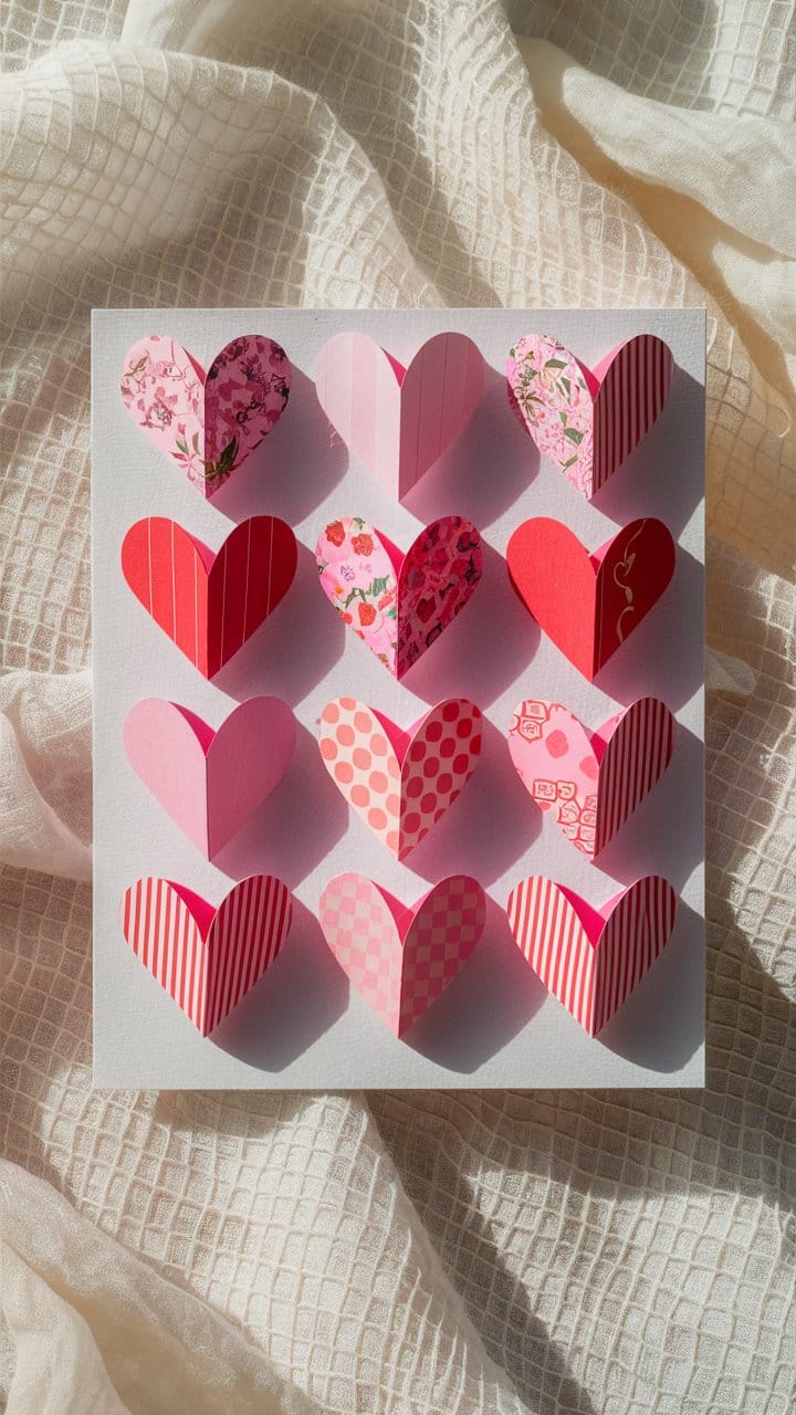 Carte avec coeurs en origami multicolores.
