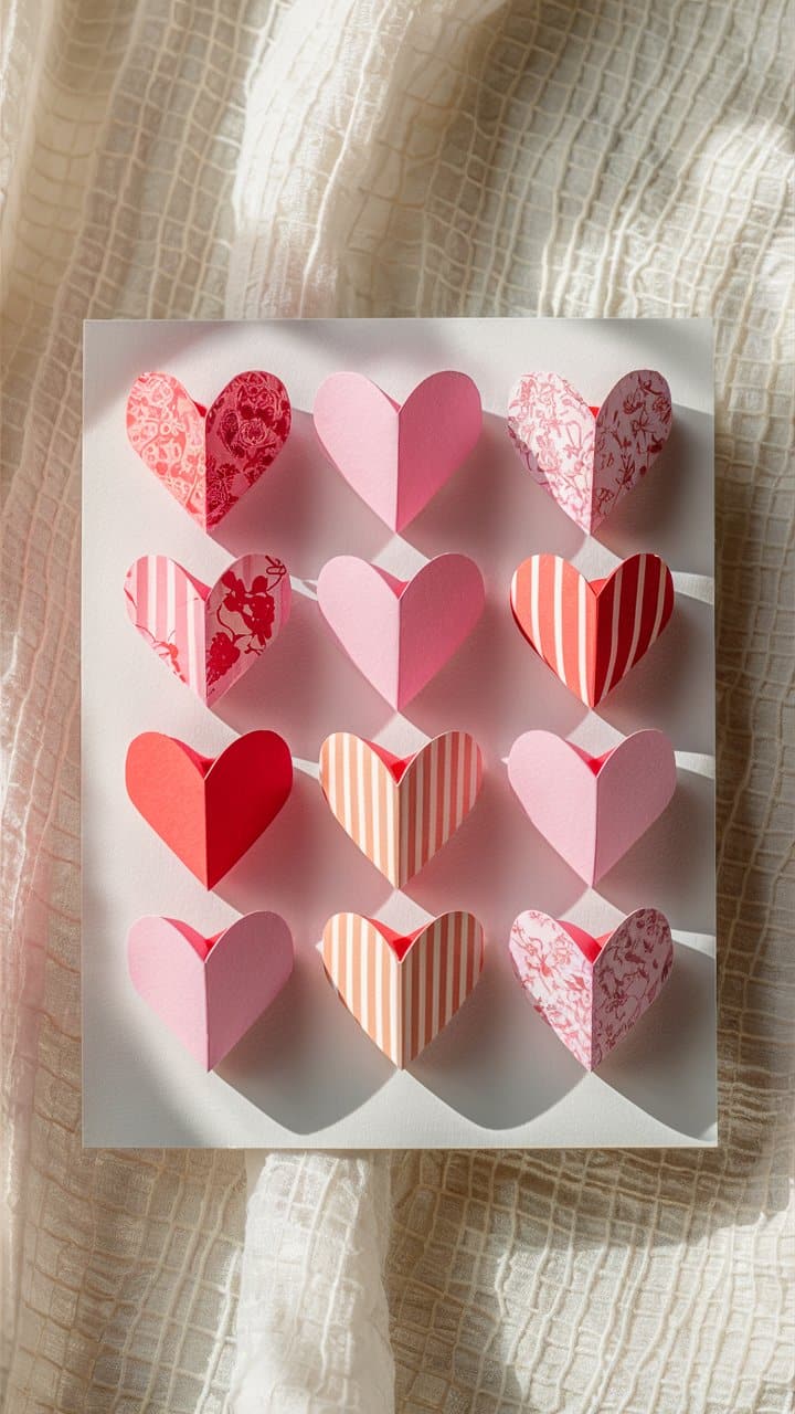 Carte avec cœurs en papier rose et rouge.
