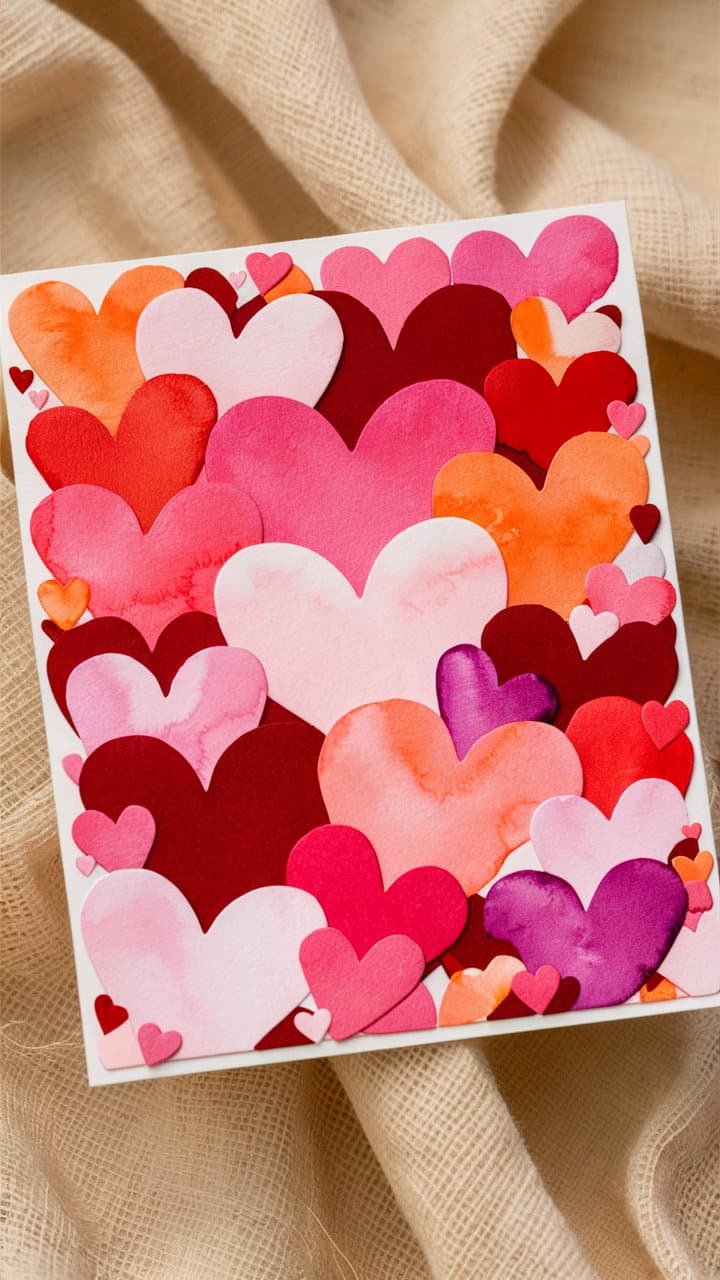Carte avec coeurs colorés sur tissu beige.