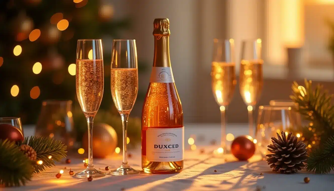 Flûtes de champagne et bouteille sur table festive.