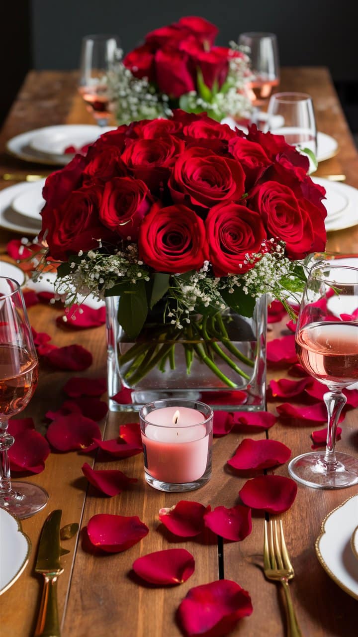 Table décorée avec roses rouges et pétales.