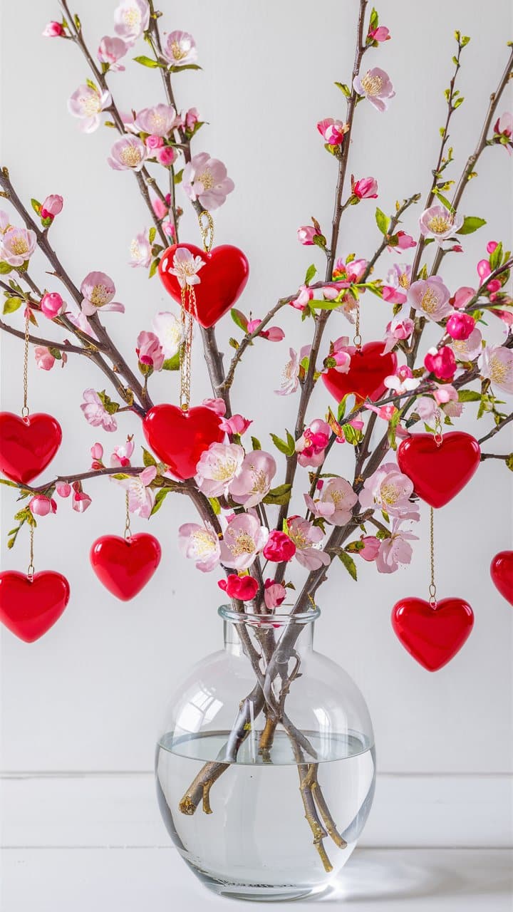 Branche fleurs cerisier avec cœurs rouges suspendus