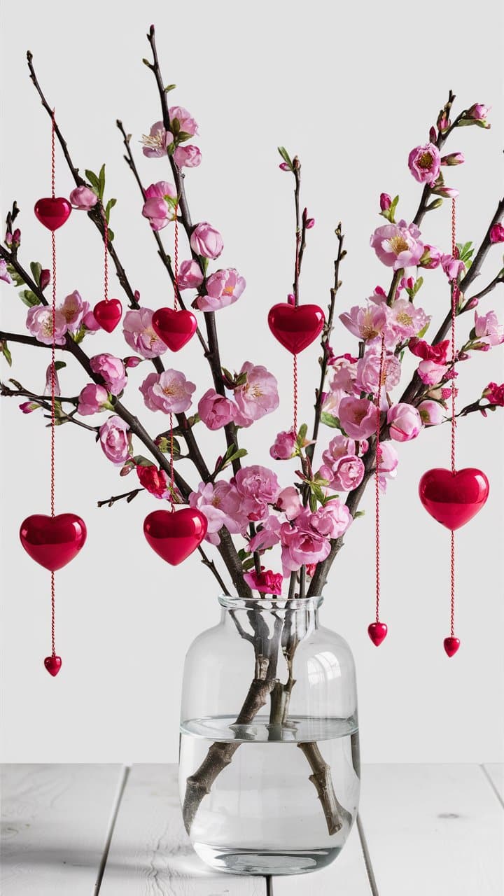 Vase avec branches fleuries et cœurs rouges suspendus.