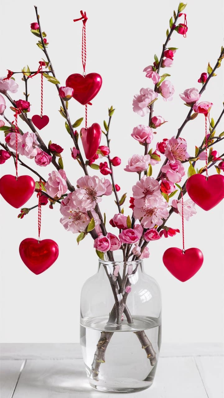 Fleurs roses et cœurs rouges dans un vase
