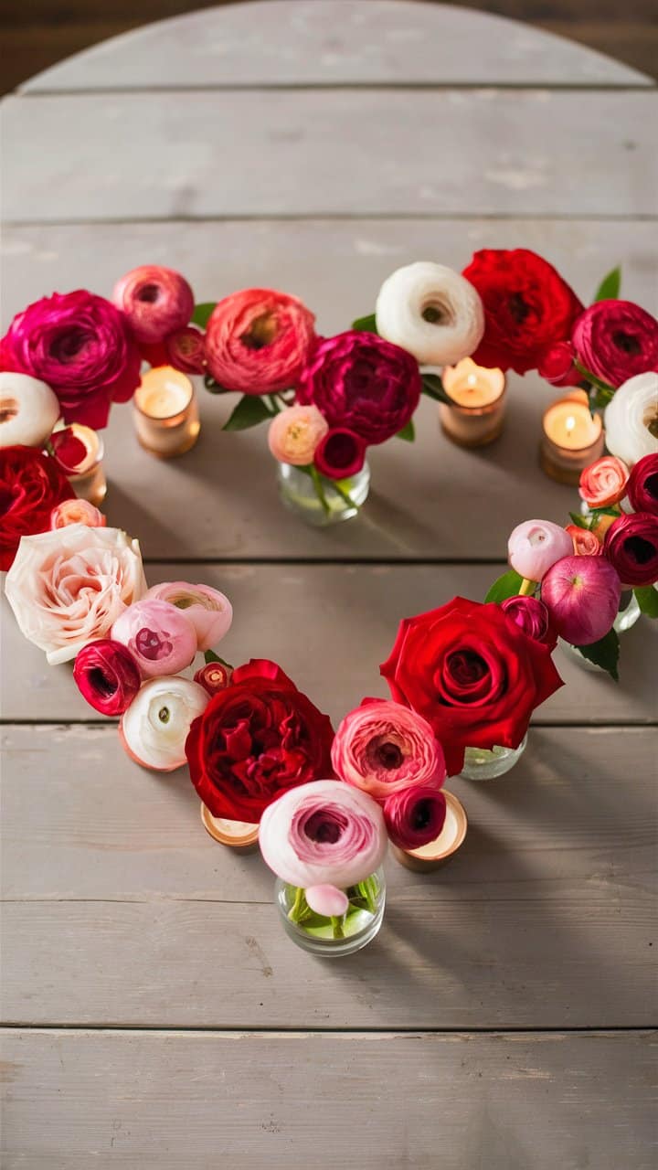 Cœur de fleurs et bougies sur table en bois.