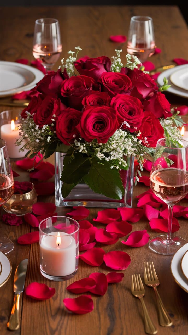 Table décorée roses rouges pétales et bougies