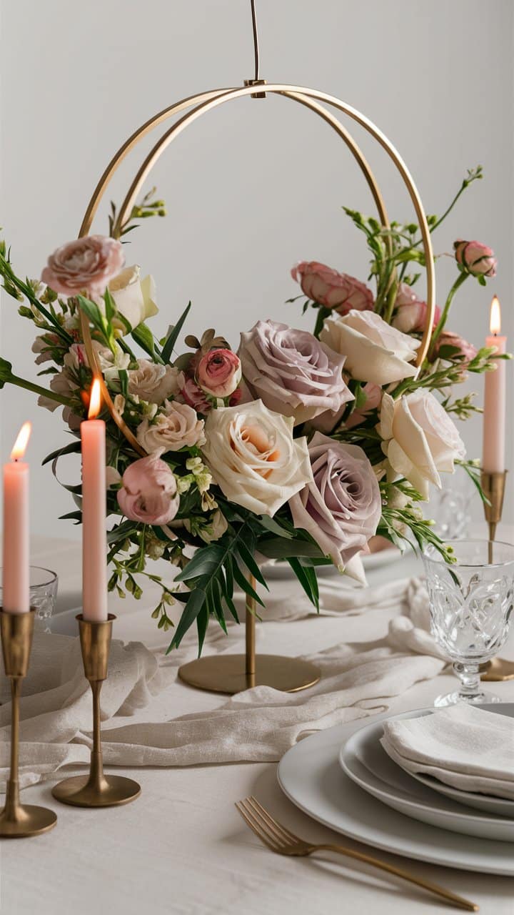 Centre de table floral avec bougies.