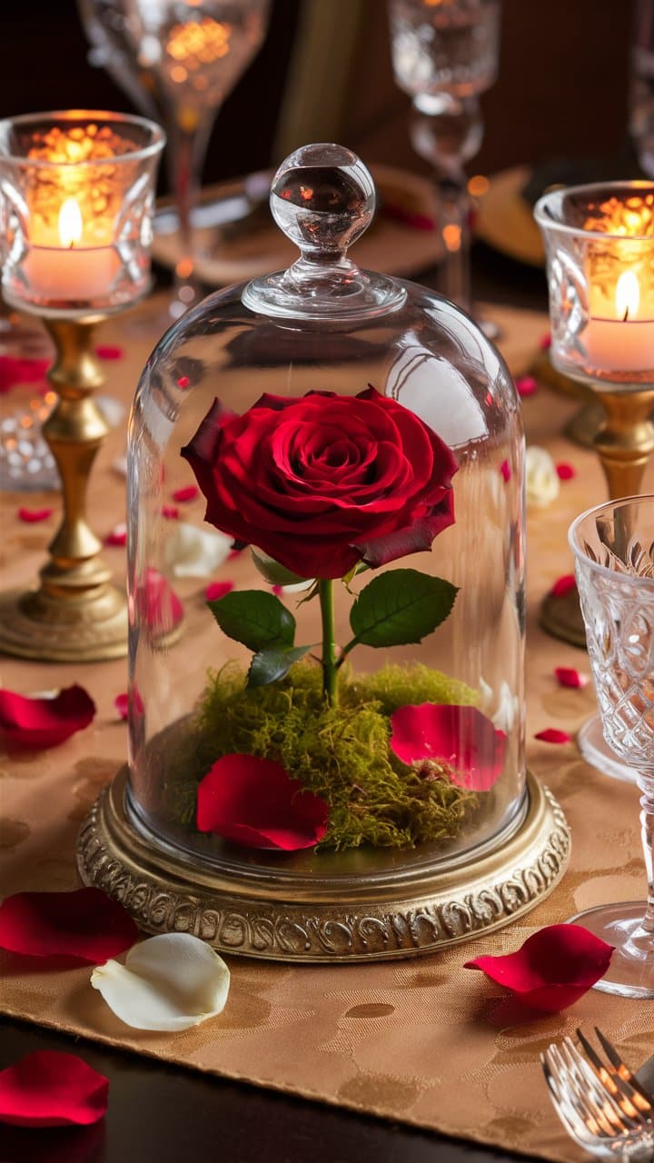 Rose rouge sous cloche sur table décorée.