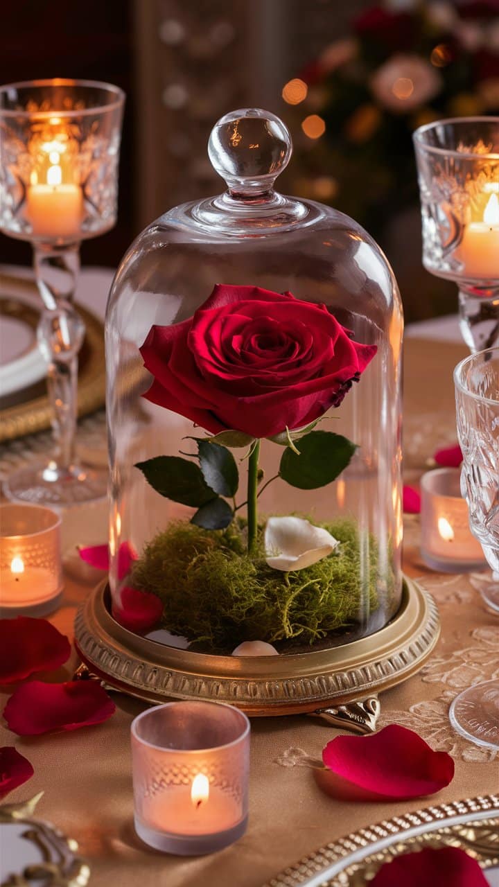 Rose rouge sous cloche, ambiance romantique.
