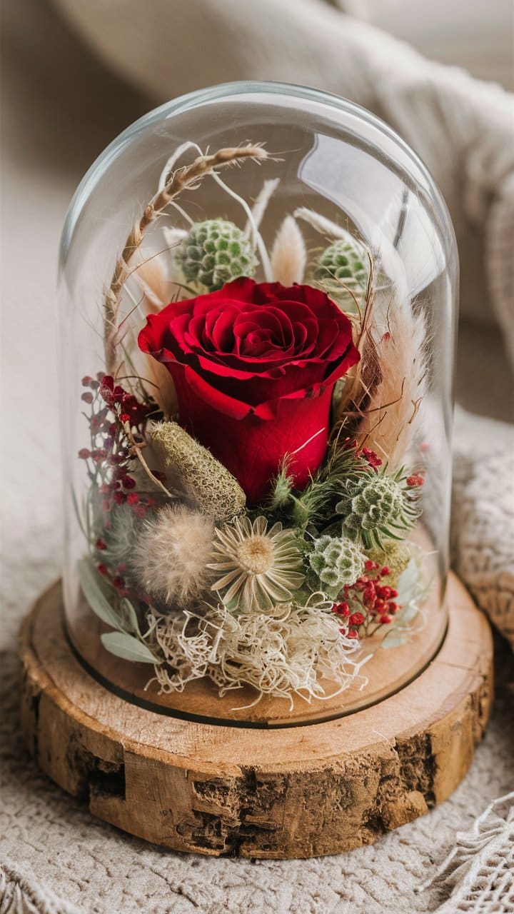 Rose rouge sous cloche en verre décorative.