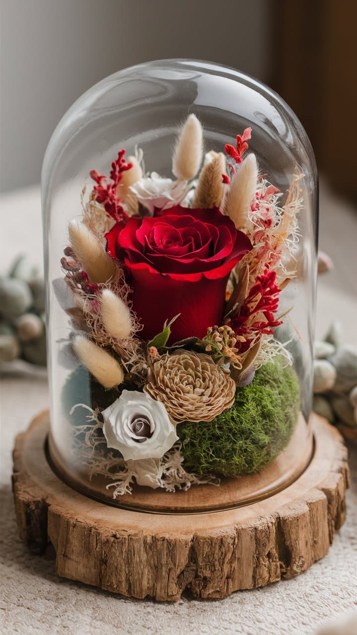 Rose rouge sous cloche en verre sur bois