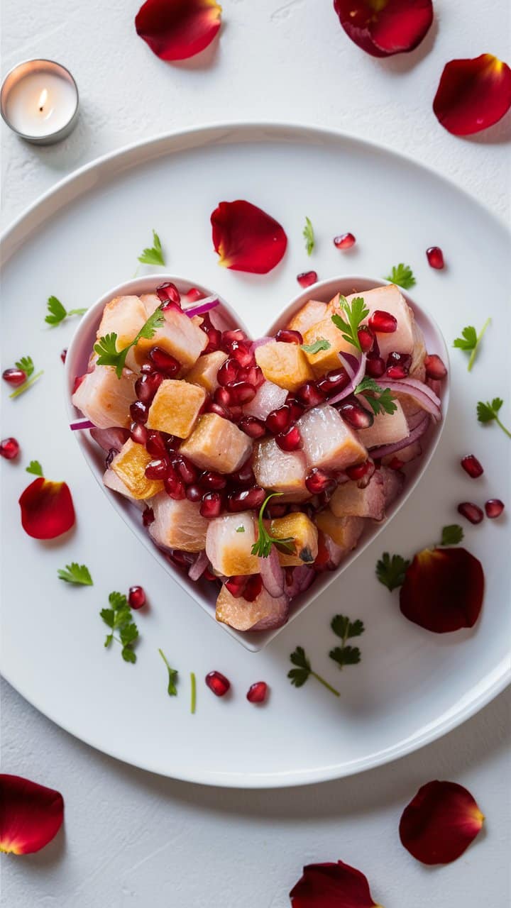 Plat céviche en forme de cœur avec grenade