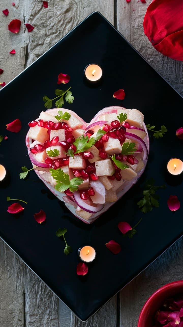 Salade en forme de cœur, décorée de grenades.