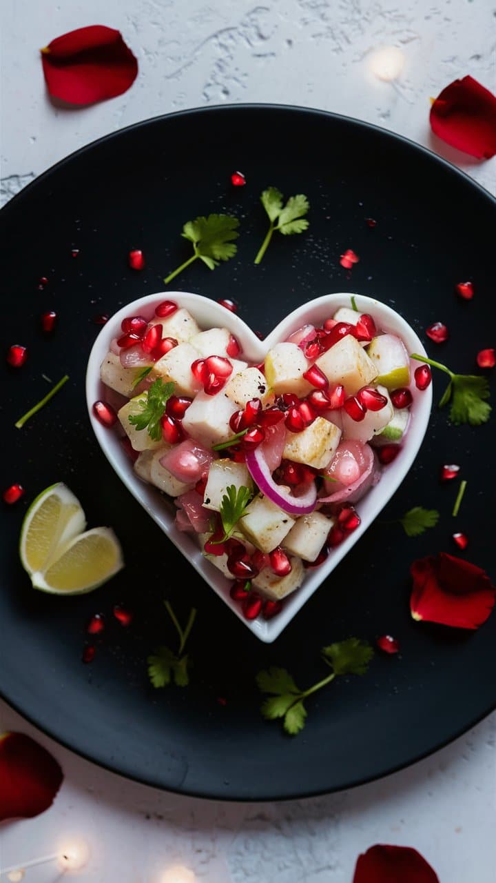 Salade de fruits en cœur, avec grenade.