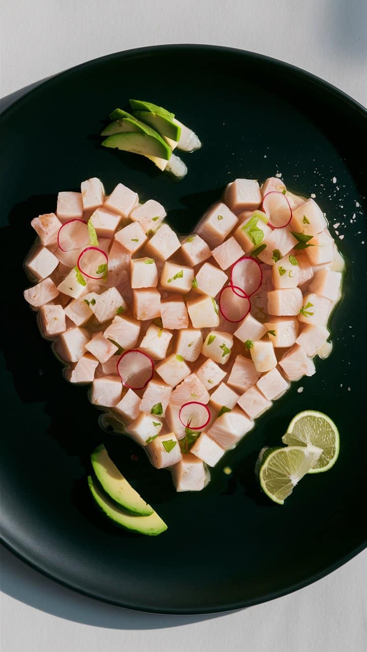 Cubes de poisson en cœur, avocat et citron vert
