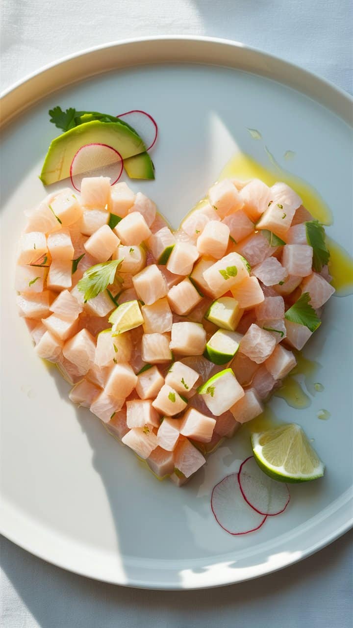 Cubes de poisson en forme de cœur avec avocat.