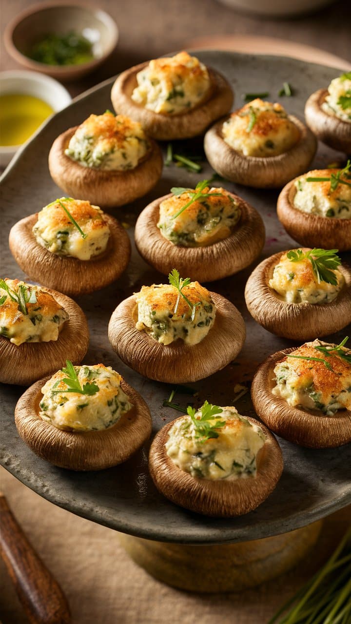 Champignons farcis au fromage et herbes fraîches.