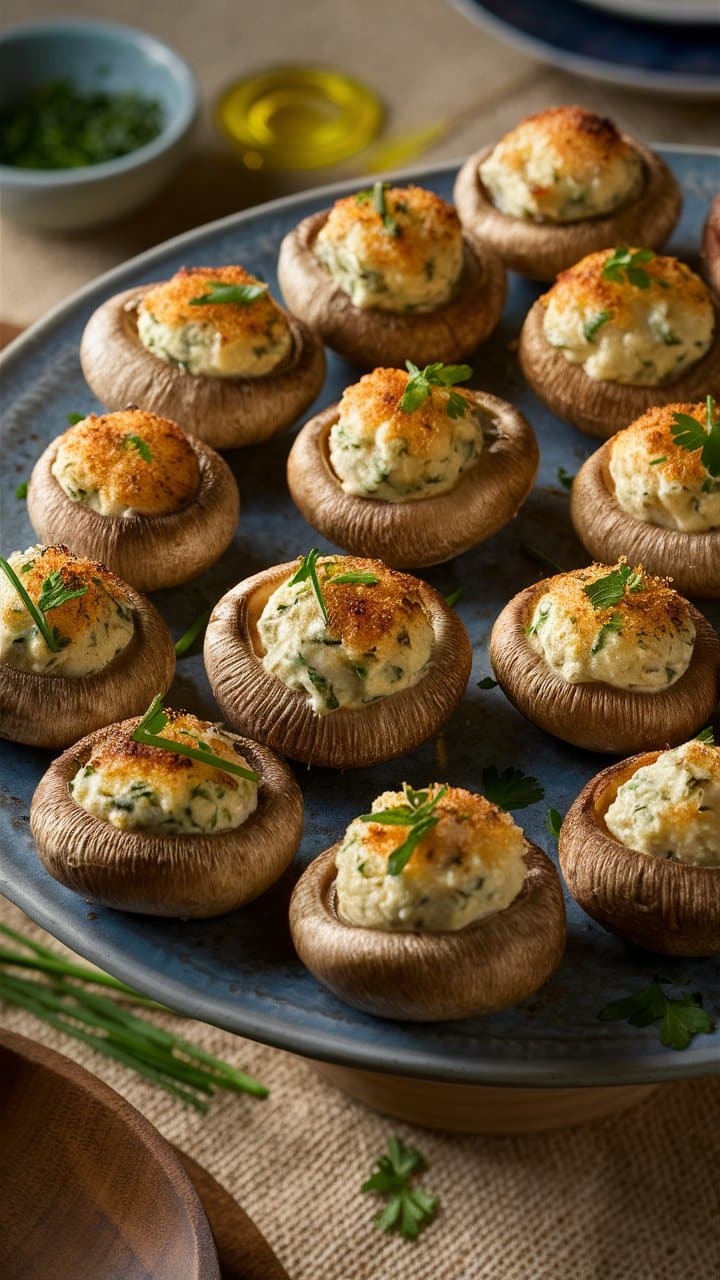 Champignons farcis gratinés sur assiette bleue.