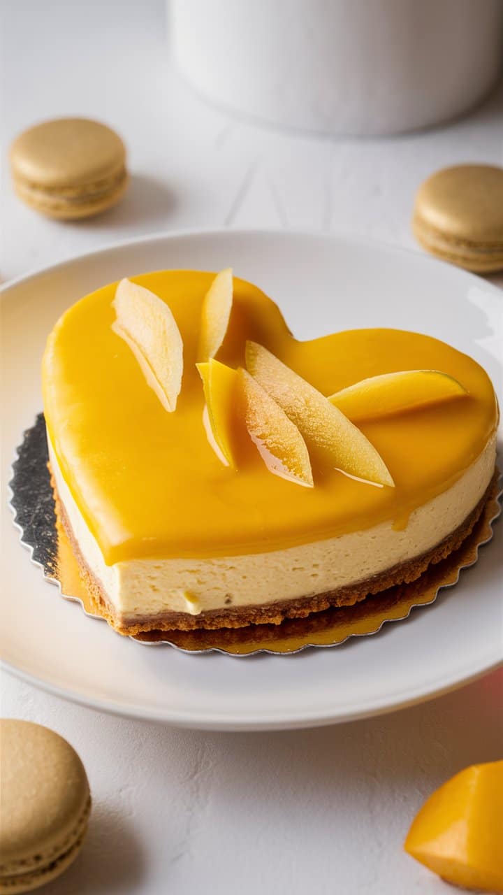 Gâteau cœur mangue sur assiette, macarons autour.