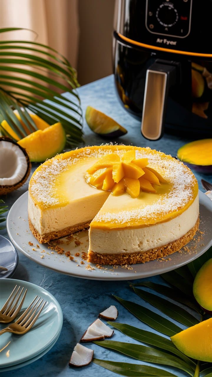 Cheesecake mangue, noix de coco, près d'une friteuse.