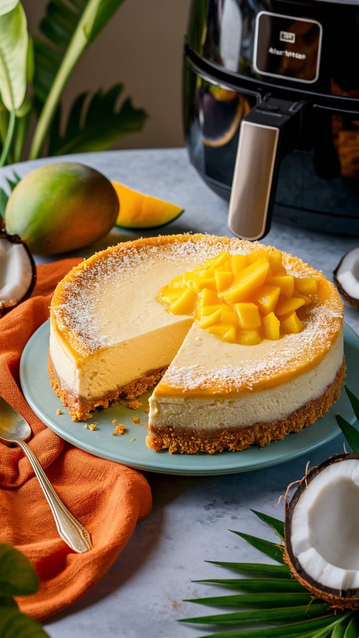 Gâteau à la mangue et noix de coco sur assiette.