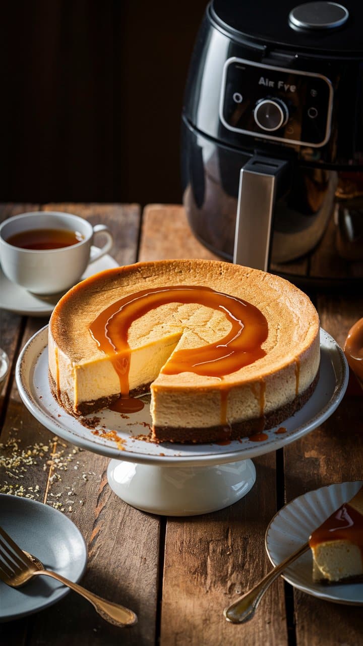 Cheesecake caramel sur table avec thé et friteuse.