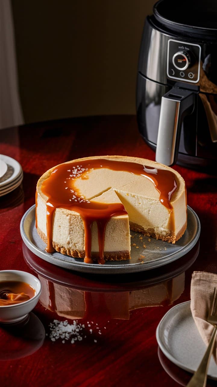 Cheesecake au caramel à côté d'une friteuse.