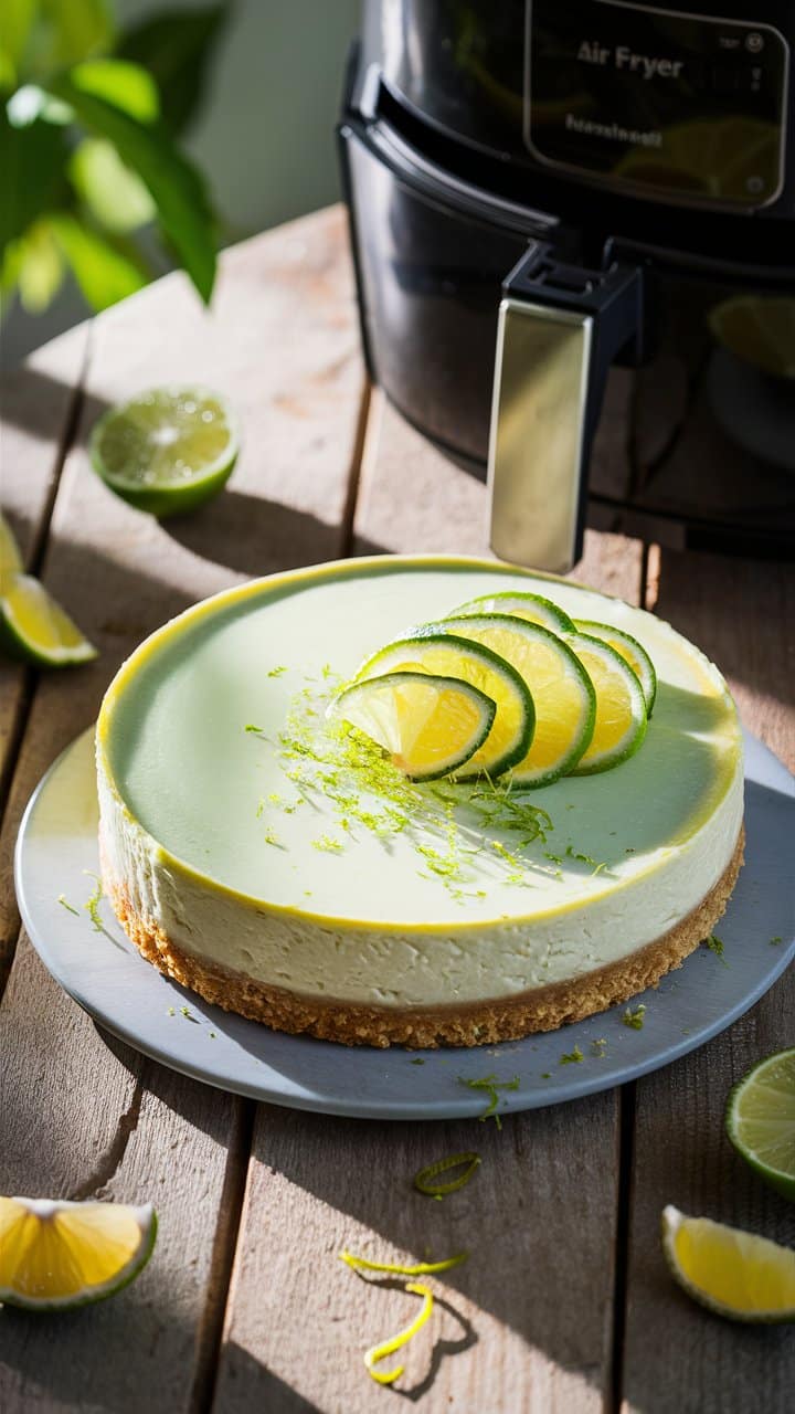 Gâteau mousse citron vert sur table en bois.