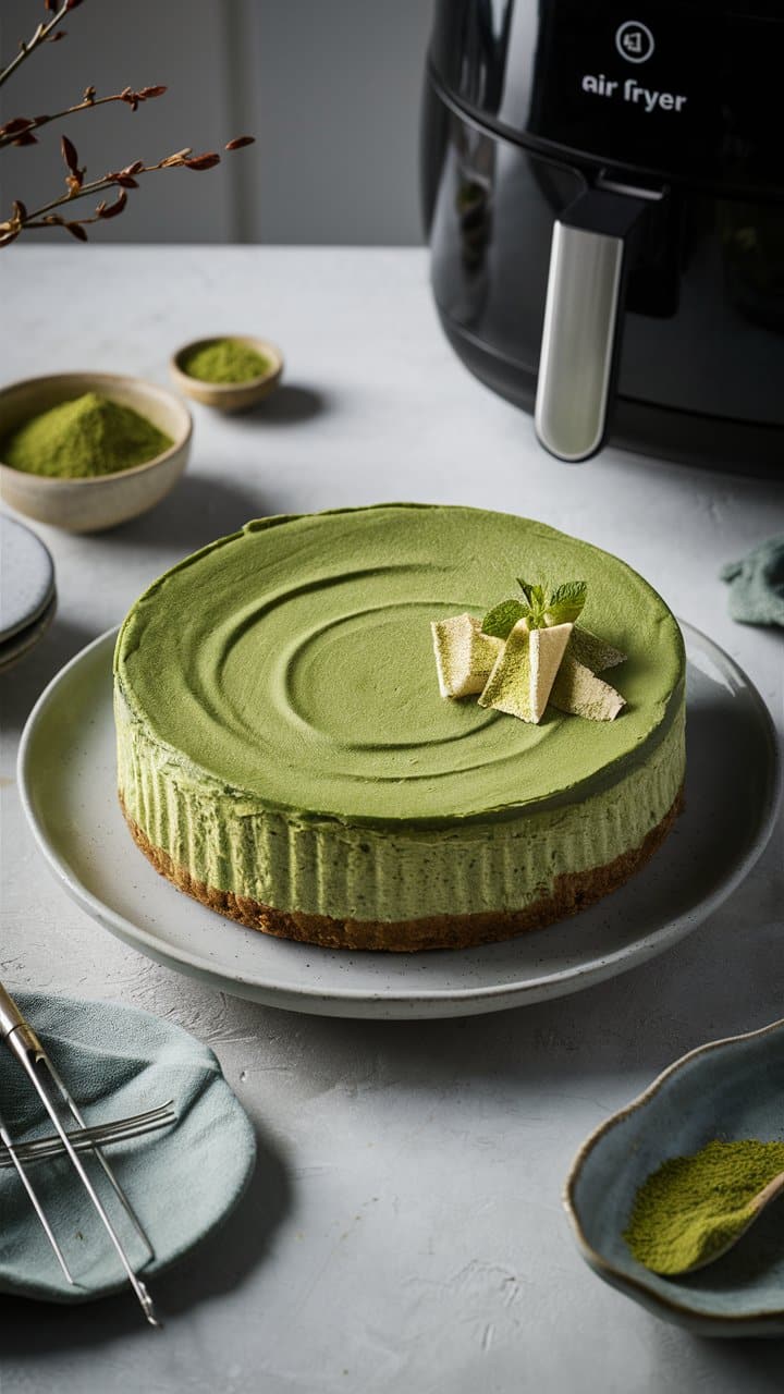 Gâteau au matcha sur assiette avec décorations.