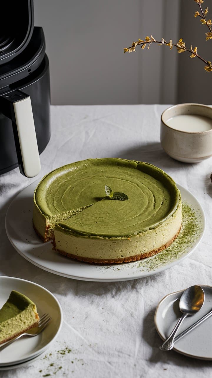 Gâteau au matcha avec tige de menthe.
