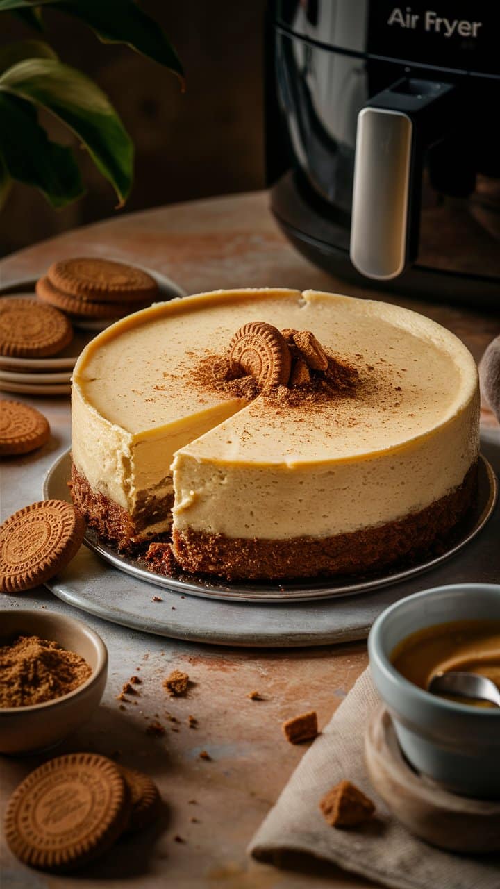 Cheesecake aux biscuits avec une part manquante.