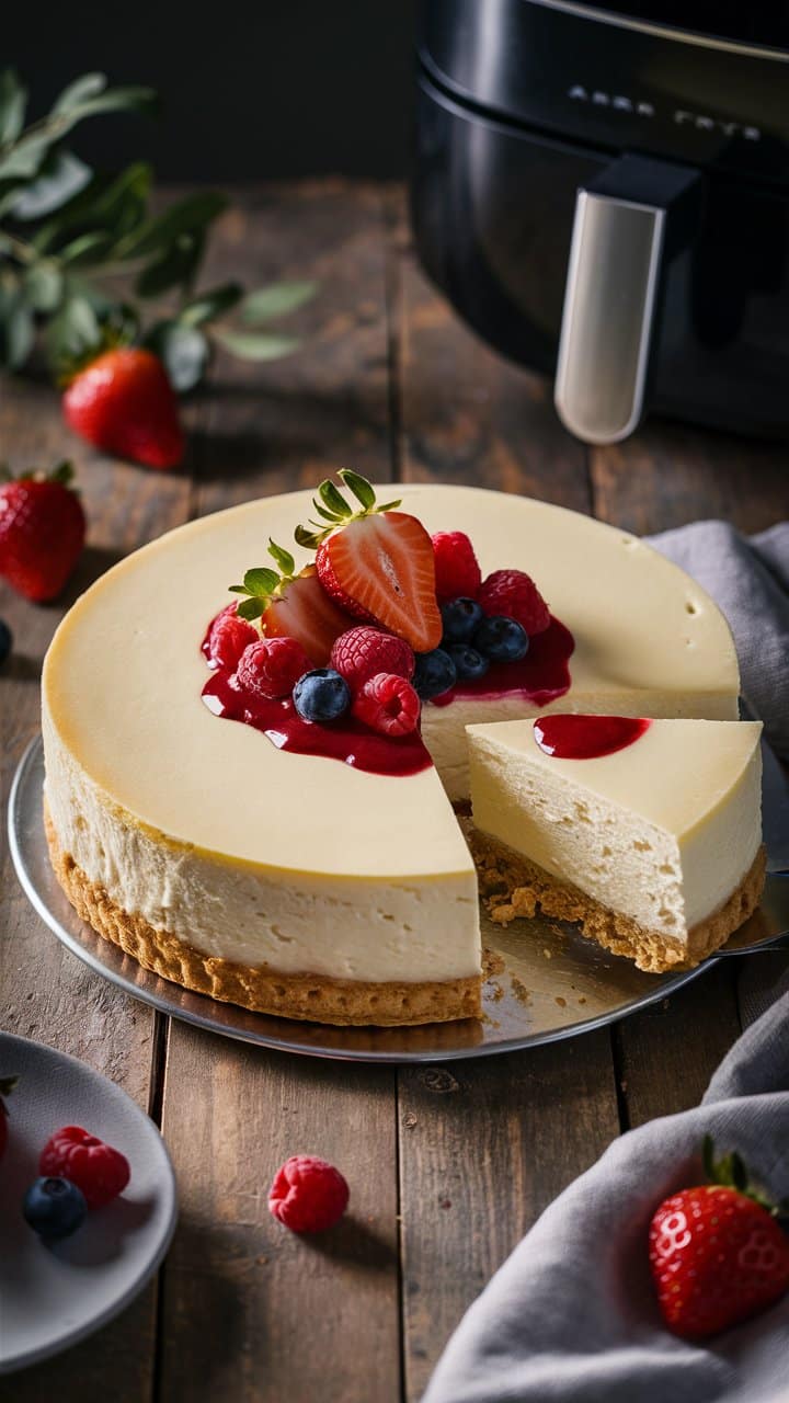 Cheesecake aux fruits rouges sur une table en bois.