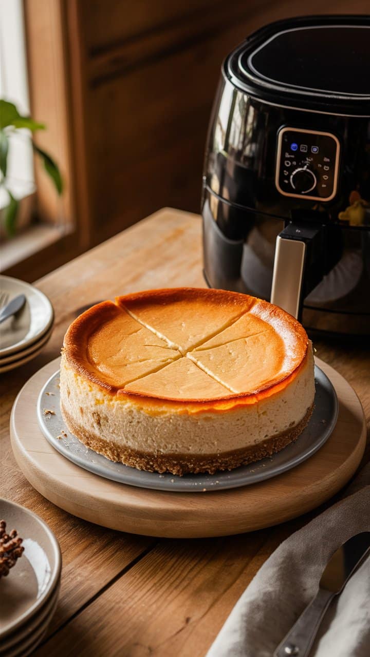 Cheesecake maison à côté d'une friteuse.
