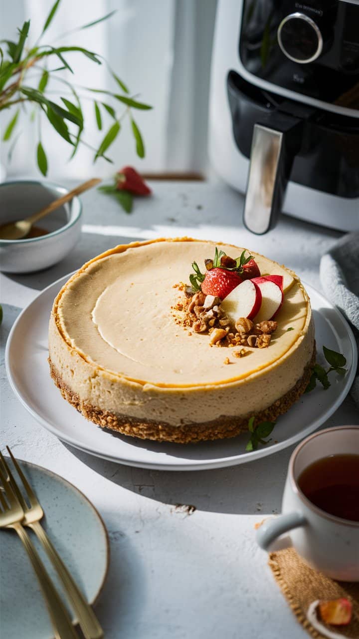 Gâteau fromage avec fruits dessus, assiette blanche.
