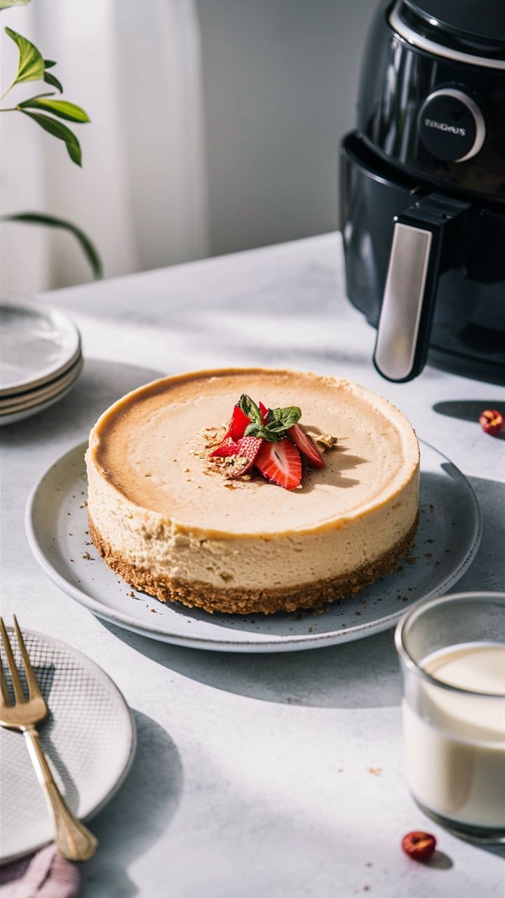 Cheesecake avec fraises et feuille de menthe.