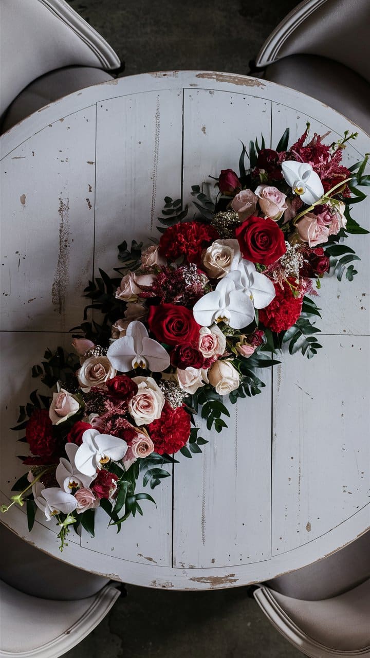 Bouquet de fleurs rouges et blanches sur table.